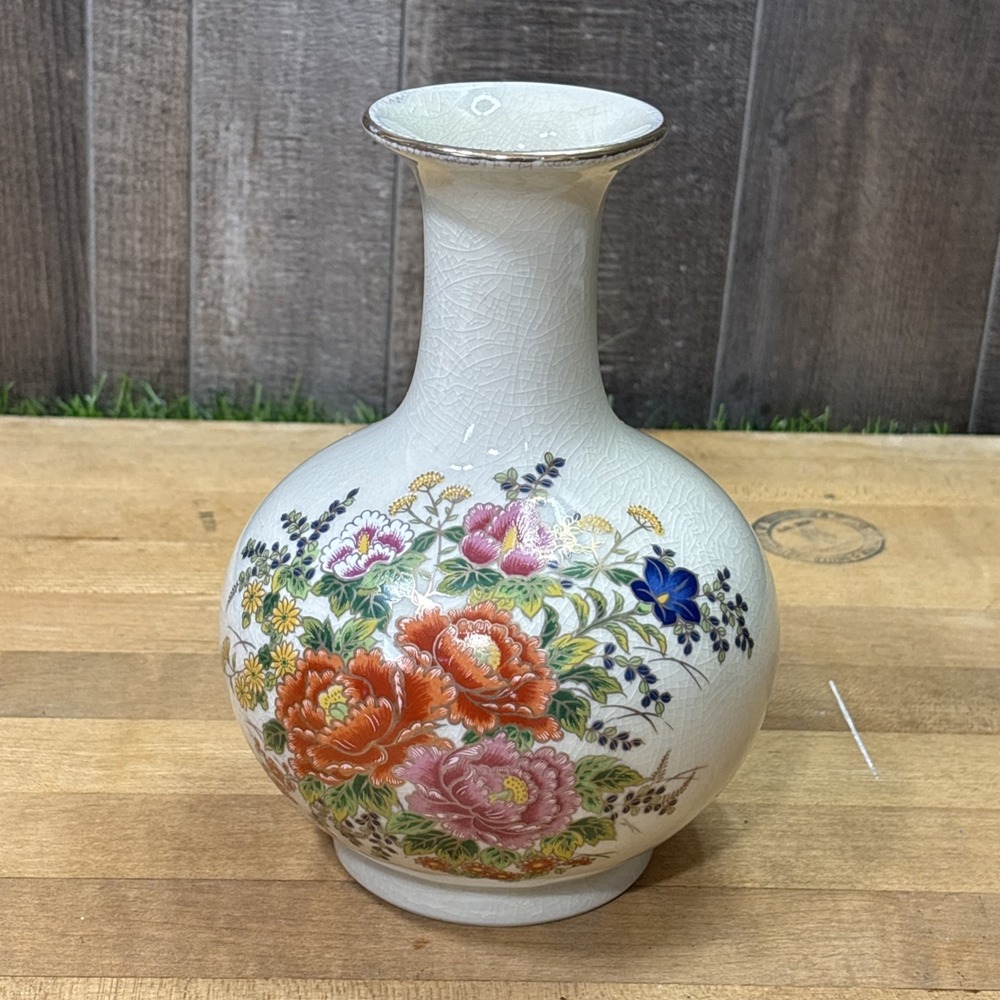 Vintage 1979 Enesco Japan Floral Vase Crackle Glaze Porcelain Gold Trim MCM